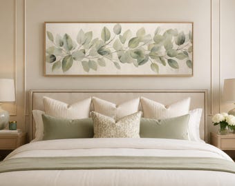 Farmhouse Wall Art, Minimalist Eucalyptus Leaves Painted On Rustic Wood Canvas Print - Panoramic Long Horizontal Art, Bedroom Decor