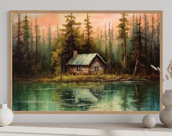 Lake House Painting Canvas Print - Rustic Lake And Cabin Wall Art, Retro Living Room Over Mantel  Wall Art Framed Or Unframed Ready To Hang