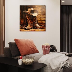a cozy living room with a large cowboy hat and boots displayed on the wall, creating a rustic and western-themed atmosphere.