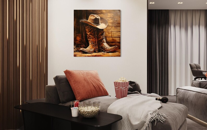 a cozy living room with a large cowboy hat and boots displayed on the wall, creating a rustic and western-themed atmosphere.