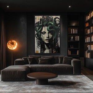Modern Medusa Portrait Gothic Wall Art, Dark Green Snake Hair Painting, Greek Mythology Canvas Print for Hallway or Study