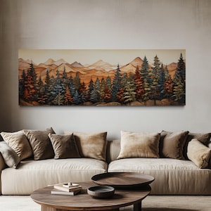 Rustic Bedroom Wall Art Above Bed Panoramic Forest Painted On Wood Print On Long Horizontal Canvas Framed Ready To Hang