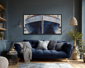 Nautical Wall Art Navy Blue Rustic Boat Painting Canvas PRINT, Beach House Wall Art, Large Lake House Wall Decor,  Framed Ready To Hang