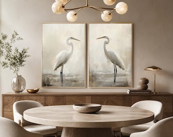 Set of 2 Great Egrets Wall Art, Abstract Egret Paintings Canvas PRINTs Beige Neutral Coastal Birds Wall Art Framed Ready To Hang