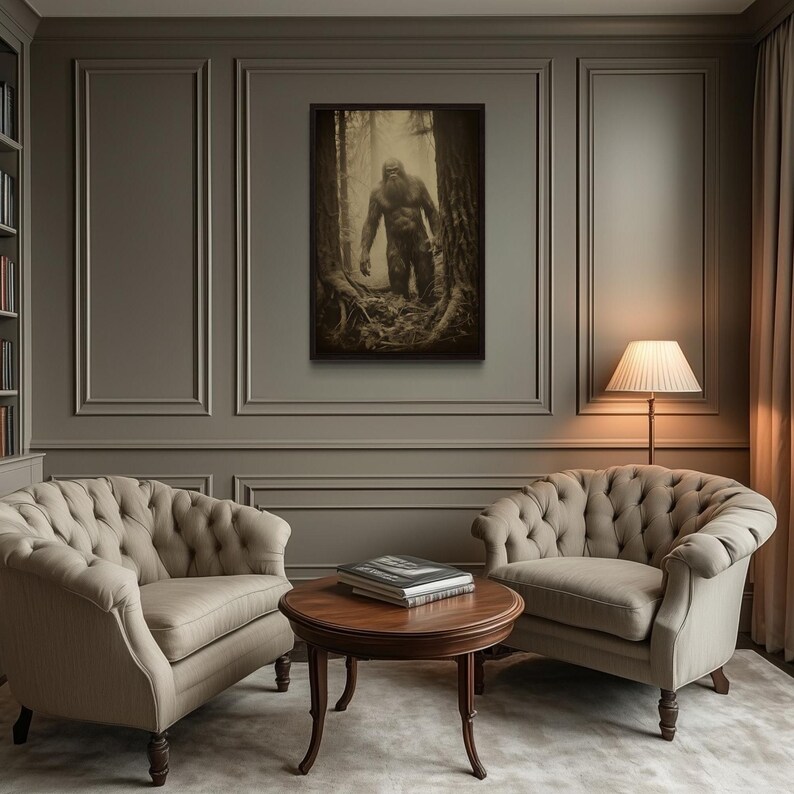 a cozy living room with two tufted armchairs and a wooden coffee table, set against a wall with a framed black and white photograph of a person.