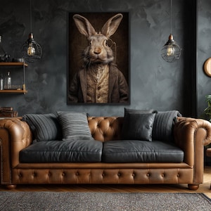 Bunny With Monocle Wall Art – Whimsical Vintage Gentleman Rabbit Portrait, Whimsical Animal Wall Decor for Library or Study