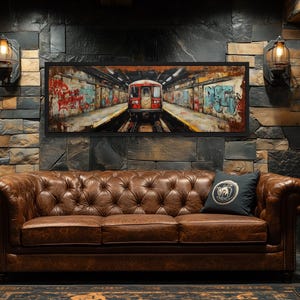 Subway Train Graffiti Canvas Print, Long Horizontal Urban Street Art Painting For Man Cave Or Office Wall Decor Framed Ready To Hang