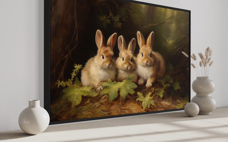 three rabbits sitting together in a forest setting, surrounded by leaves and branches.