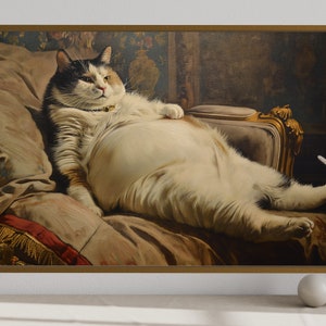 Chubby Fat Cat Victorian Portrait Oil Painting Canvas Print - Funny Gift For Cat Owners, Retro Fat Cat Wall Art Framed Ready To Hang