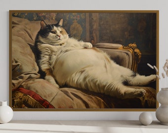 Chubby Fat Cat Viktorianische Porträt Ölgemälde Leinwand Druck - Lustiges Geschenk für Katzenbesitzer, Retro Fat Cat Wandkunst gerahmt, fertig zum Aufhängen