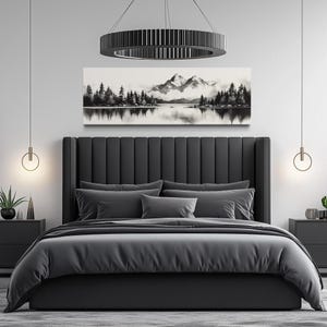 Black And White Minimalist Watercolor Mountain Lake Landscape Panoramic Painting PRINT,  Long Horizontal Canvas, Over Bed Wall Art