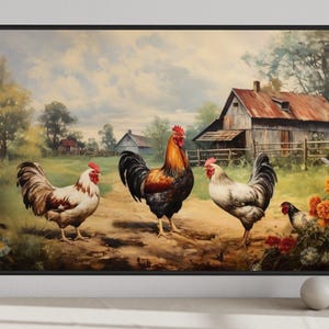 A painting of three chickens standing on a dirt path in a rural setting, with a barn and trees in the background.