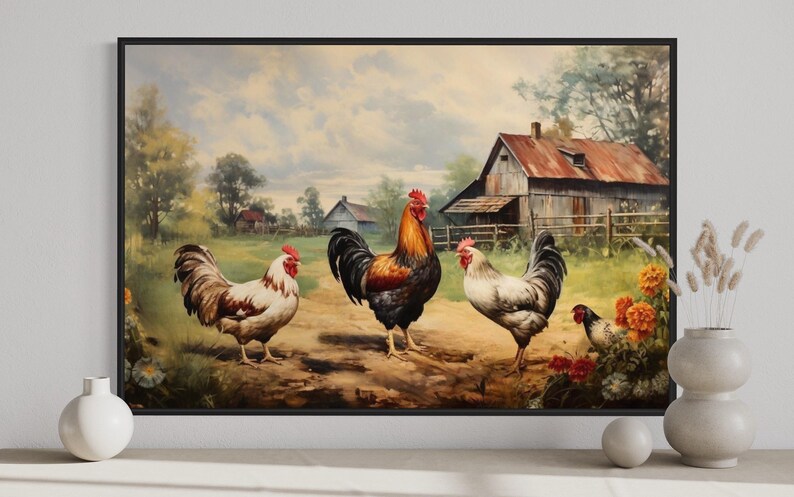 A painting of three chickens standing on a dirt path in a rural setting, with a barn and trees in the background.