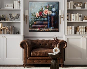 Stacked Books And Pretty Flowers Painting Canvas PRINT, Bookish Library Wall Art, Gift For Book Lovers Framed/Unframed Ready To Hang