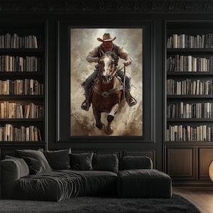 Cowboy On Horse Canvas Wall Art, Western Vertical Cowboy Painting For Man Cave Or Rustic Living Room Wall Decor Framed Ready To Hang