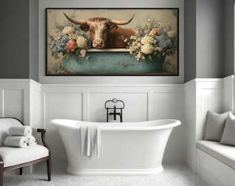 Longhorn Cow In Bathroom Wall Art - Funny Cow In Bathtub With Flowers Canvas Print, Farmhouse Bathroom Decor Framed Ready To Hang