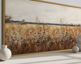 Framed Wildflowers Field Canvas Painting PRINT, Retro Farmhouse Wall Art, Boho Botanical Rustic Home Decor,  Ready To Hang