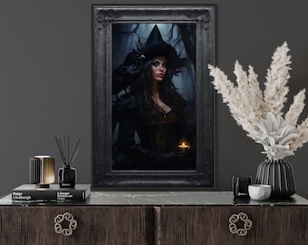 Witch In Enchanted Forest With Raven Painting Canvas PRINT, Gothic Decor, Victorian Portrait, Dark Academia Artowork Ready To Hang
