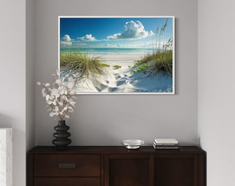 Beach Wall Art, Sand Dunes And Grass On The Beach, Peaceful Coastal Sea Painting Canvas Print Framed Ready To Hang