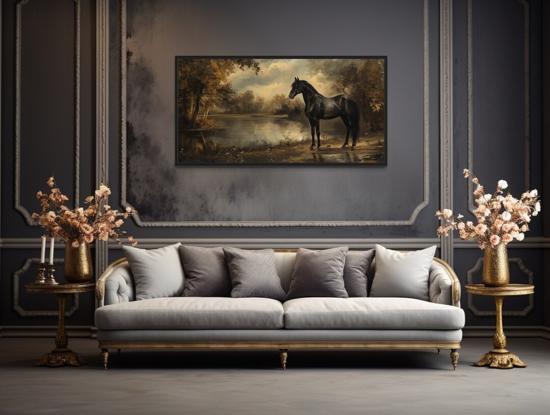 Vintage Horse Wall Art, Black Stallion Painting Canvas PRINT, Antique