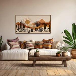 Mid Century Modern Desert Cactus Sun Painting Canvas PRINT, Minimalist Boho Wall Art Southwestern Decor Ready To Hang