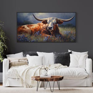 Texas Longhorn Cow In Bluebonnet Field Extra Large Wall Art - Farmhouse, Living Room Art Oil Painting Printed On Canvas Framed Ready To Hang