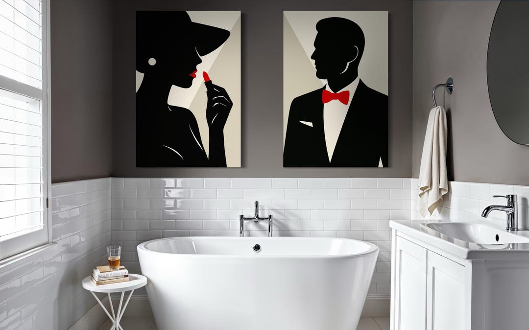Classy Bathroom Wall Art Elegant Couple Silhouettes Set, Black White — free download