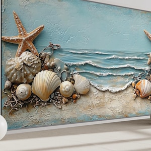 Starfish And Seashells Painting Canvas Print, Coastal Wall Art, Beach House Rustic Wall Decor Framed Ready To Hang