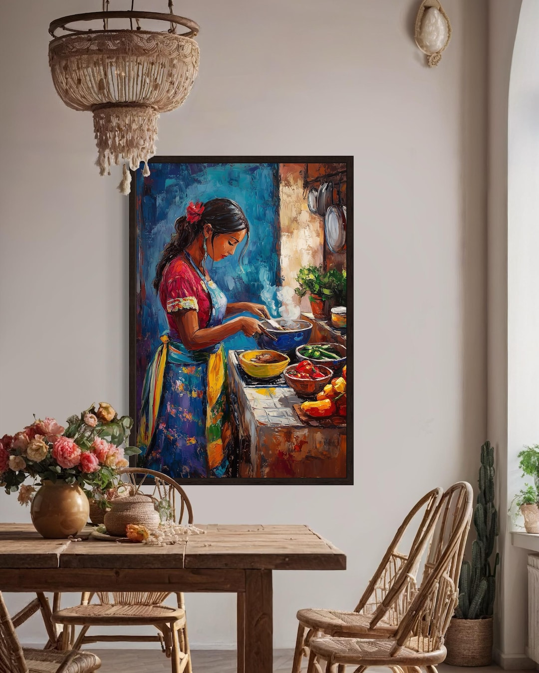 Mexican Kitchen Wall Art - Mexican Woman Cooking Painting Canvas PRINT ...