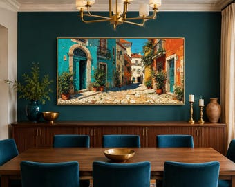 Portugal Street Scene Wall Print - Colorful Portuguese Alley Painting On Canvas, Mediterranean Town Print For Living Room Decor