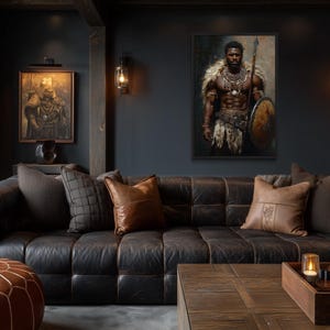 African Tribal Warrior Wall Art – Powerful Warrior Canvas Print With Shield and Spear, Masculine Statement Artwork for Man Cave Décor imagen 3