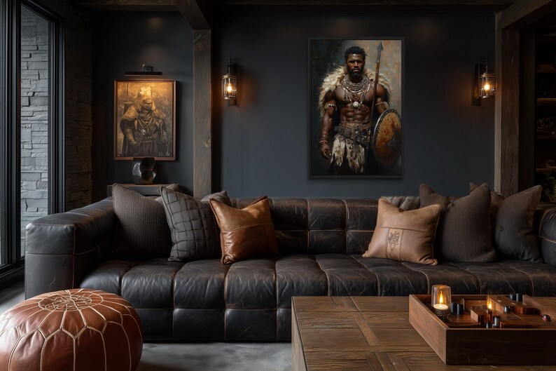 African Tribal Warrior Wall Art – Powerful Warrior Canvas Print With Shield and Spear, Masculine Statement Artwork for Man Cave Décor imagen 3