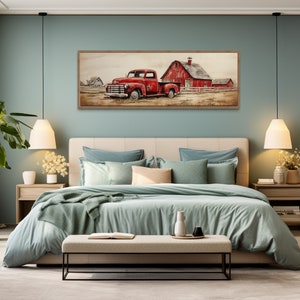 Red Truck And Barn Painting on Wood Long Horizontal Canvas Print, Rustic Farmhouse Wall Art  Framed Ready To Hang - Farmhouse Cabin Wall Art