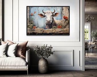 Farmhouse Wall Art, Cute Farm Cow Rustic Painting on Wood Effect Canvas PRINT, Farm Animals Art PRINTs,  Framed Ready to Hang