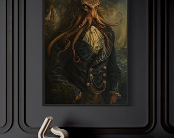 Gothic Kraken Painting Canvas PRINT, Dark Academia Retro Victorian Kraken Wall Art Spooky Halloween Decor Framed Ready To Hang