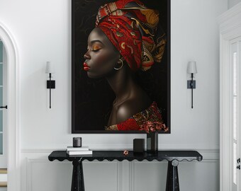 African Woman In Red Headwrap Wall Art – Black Woman Vertical Portrait Canvas Print For Bedroom Or Fireplace Framed Ready To Hang