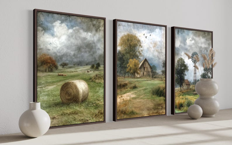 Rustic Farmhouse Wall Decor Set of 3, Neutral Rustic Farm Landscape ...