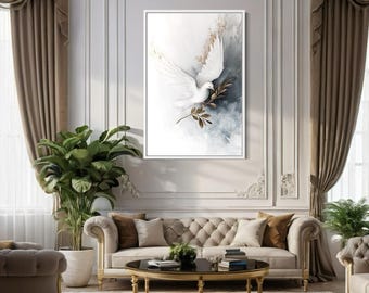 Christian Wall Art, Holy Spirit White Dove With Olive Branch Painting Canvas Print, Framed Ready To Hang