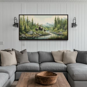 Moose Family With Cubs Wall Art, Wildlife In The Forest Watercolor Painting Canvas PRINT, Cabin Wall Art, Nursery Decor Framed Ready To Hang