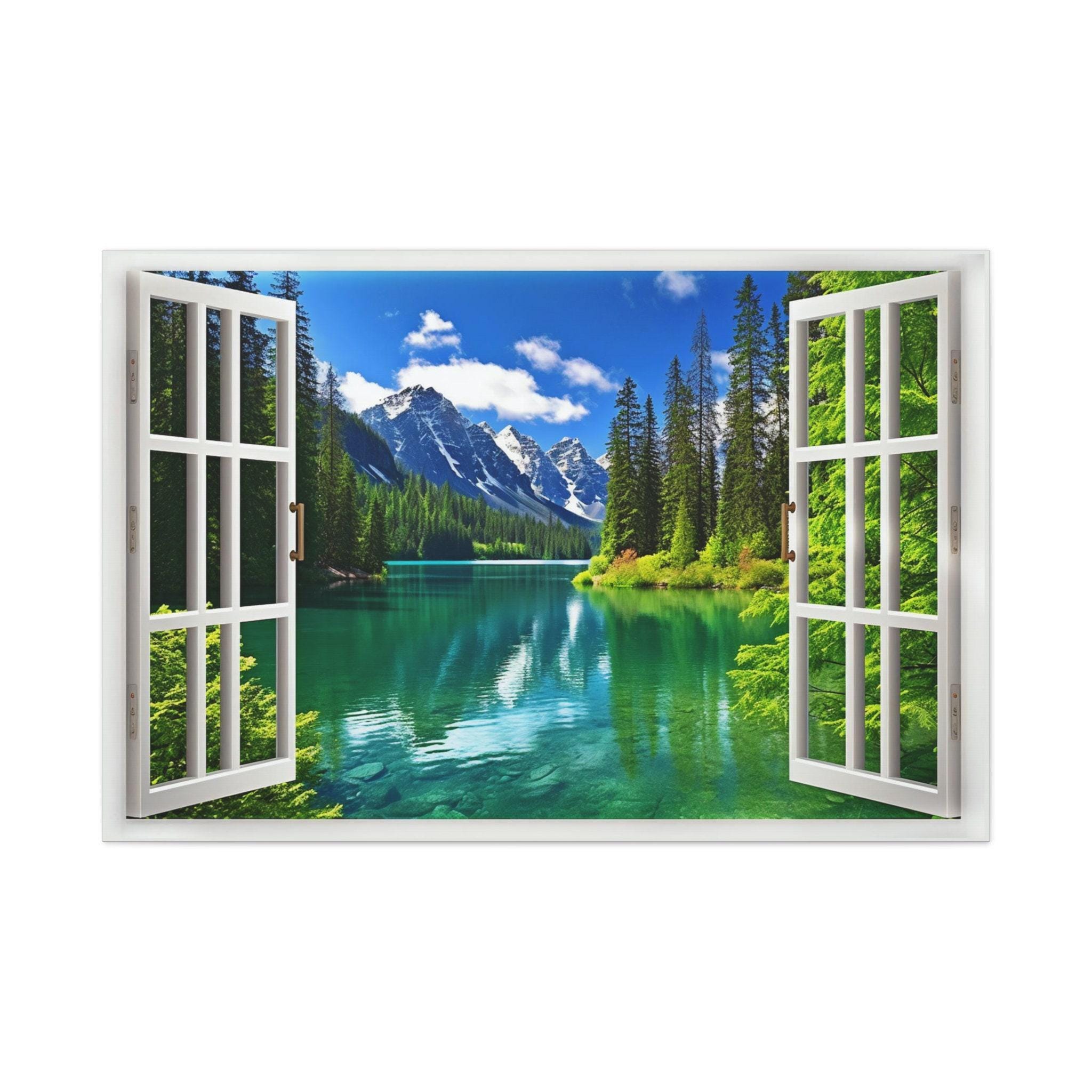 Window View Canvas - Lake and Mountains View From Open Window Painting ...