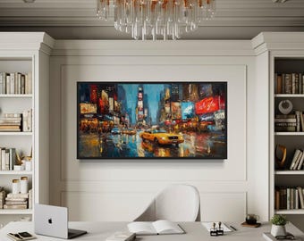 New York City Times Square Painting, Vibrant Manhattan Yellow Taxi Urban Wall Art, Office Art Rainy Night Cityscape, Framed Ready To Hang