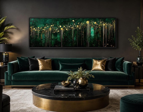 Emerald Green Gold Above Bed Wall Art, Extra Large Panoramic Art Deco Painting Canvas PRINT, Modern Long Horizontal Art Framed Ready To Hang