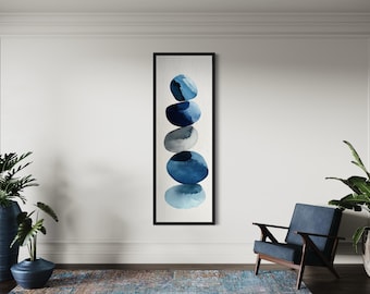 Tall Narrow Blue Pebbles Abstract Wall Art – Long Vertical Watercolor Canvas For Staircase Or Hallway Framed Ready To Hang