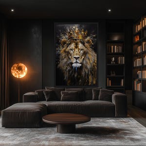 Lion King With Crown Wall Art, Lion Black Gold Abstract Painting Extra Large Canvas PRINT, Game Room, Man Cave Wall Decor Ready To Hang