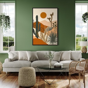 Boho Saguaro Cactus Wall Art, Cactus In The Desert With Sun Painting Canvas Print Southwestern Art Framed Ready To Hang