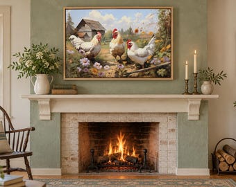 Peut inclure: Une impression d'art encadrée rectangulaire représentant trois poules blanches à crête rouge dans un champ avec des fleurs colorées et une grange en bois rustique en arrière-plan, exposée au-dessus d'une cheminée avec un feu.