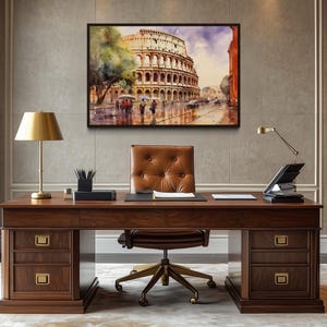 Rome Street With With The Colosseum Retro Watercolor Painting - Travel Poster Or Canvas PRINT,  Framed Or Unframed Ready To Hang