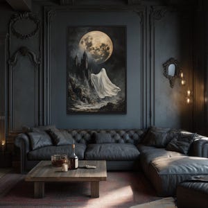 Halloween Wall Art – Ghost Floating Toward Gothic Castle Under Giant Moon – Haunted Spirit Canvas Print for Spooky Dark Decor