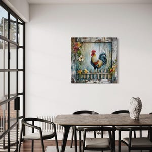 a dining room with a wooden table and chairs, a painting of a rooster on the wall, and a glass door leading to another room.