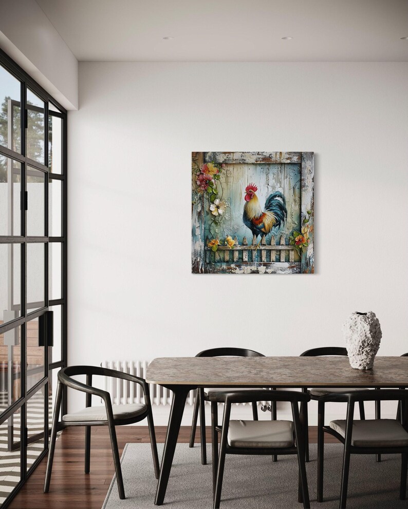 a dining room with a wooden table and chairs, a painting of a rooster on the wall, and a glass door leading to another room.
